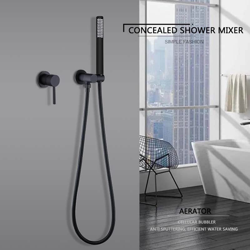 Matte Black Shower Faucet Set Concealed Wall Mounted Embedded Bathroom Shower Mixer Vlave Hand Held Shower Head Black Brass