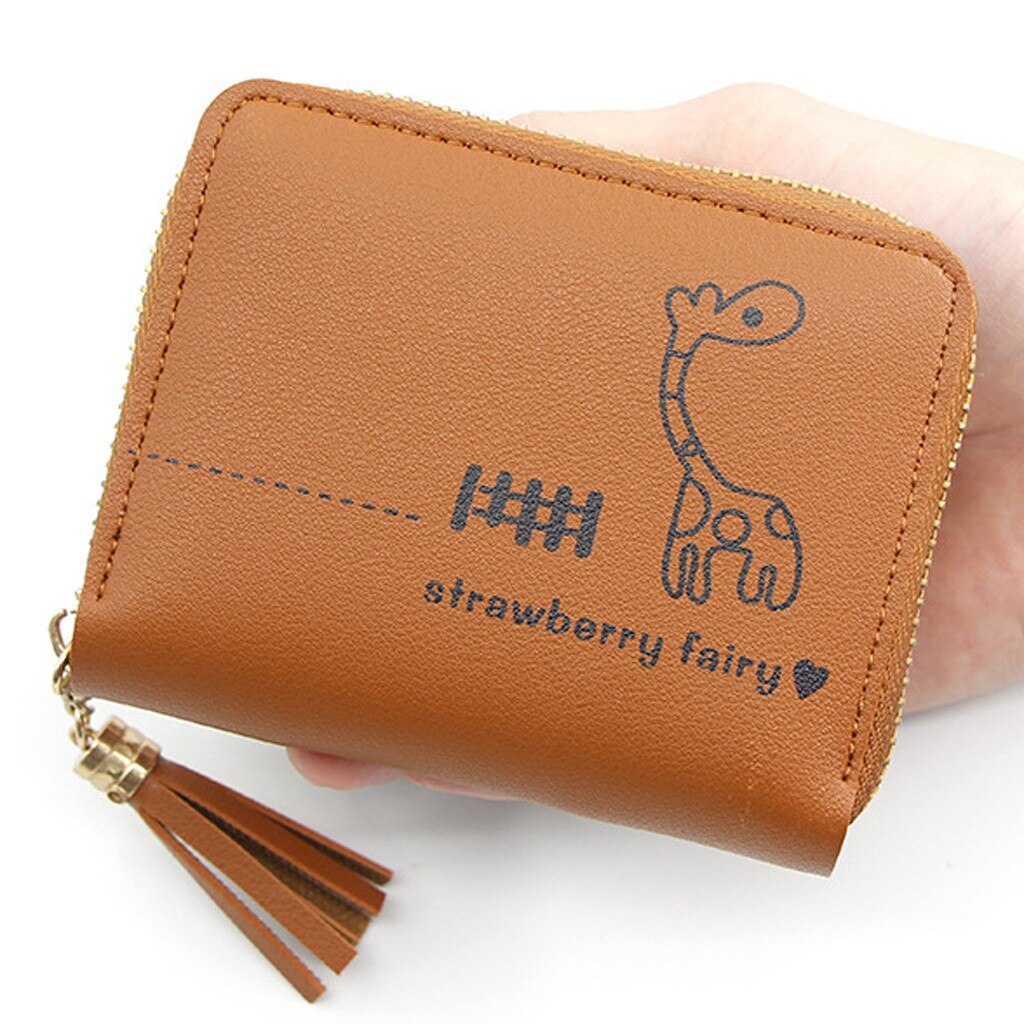 Femmes court gland imprimé à franges en cuir portefeuille femme Simple voyage en plein air de crédit porte-carte porte-monnaie Mini pochette: Marron