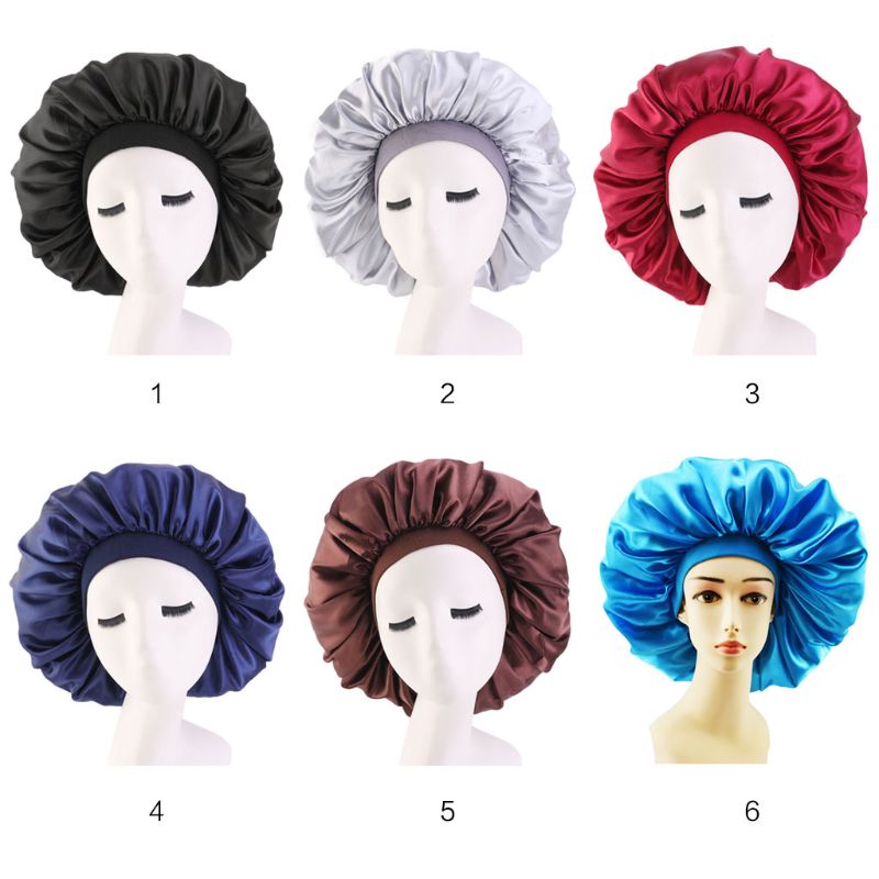 dama dormir sombrero de gran tamaño de copa banda elástica de seda sintética de Color sólido tapa de cuidado del cabello D08E