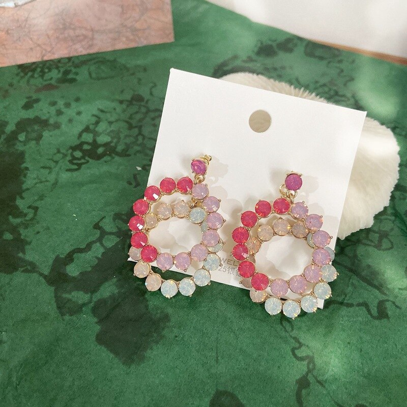 MENGJIQIAO Koreanische Großen Doppel Kreis Bunte Kristall Ohrringe Für Frauen Schmuck Geometrische Partei Pendientes