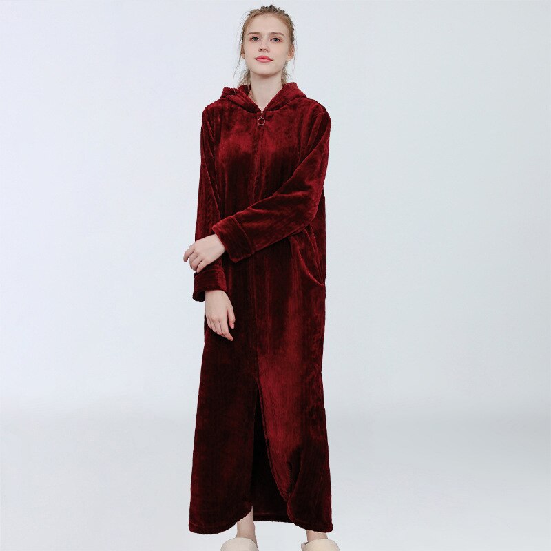Albornoz de terciopelo con cremallera para mujer, ropa de dormir de otoño e invierno, gruesa, de franela, para el hogar