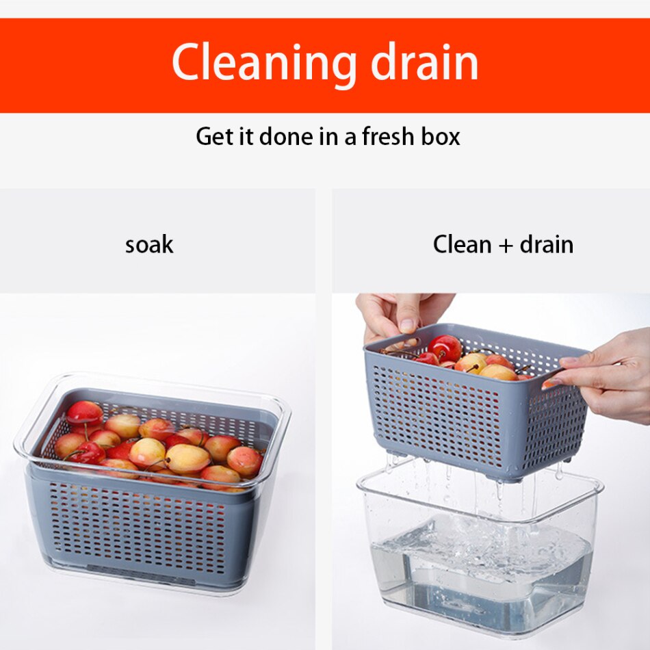Kitchen Plastic Storage Box Refrigerator Fruit Vegetable Drain Crisper Fresh-Keeping Box with Lid Kitchen Storage Containers