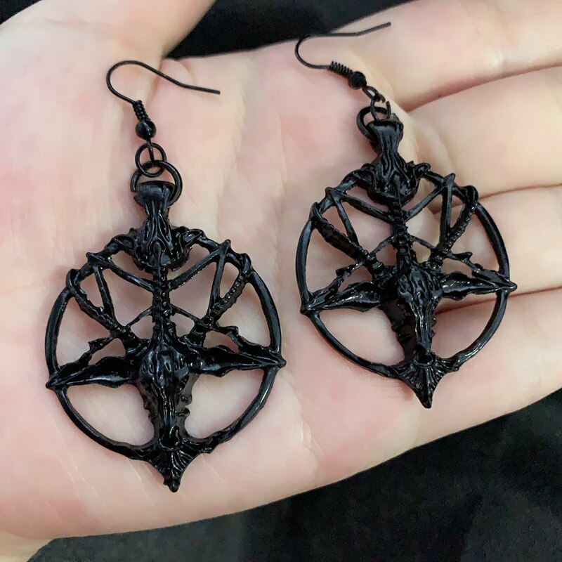 Nova moda glamour retro pentagrama pan deus crânio cabeça de cabra pingente brincos gótico bruxa jóias: Blak-Style 2