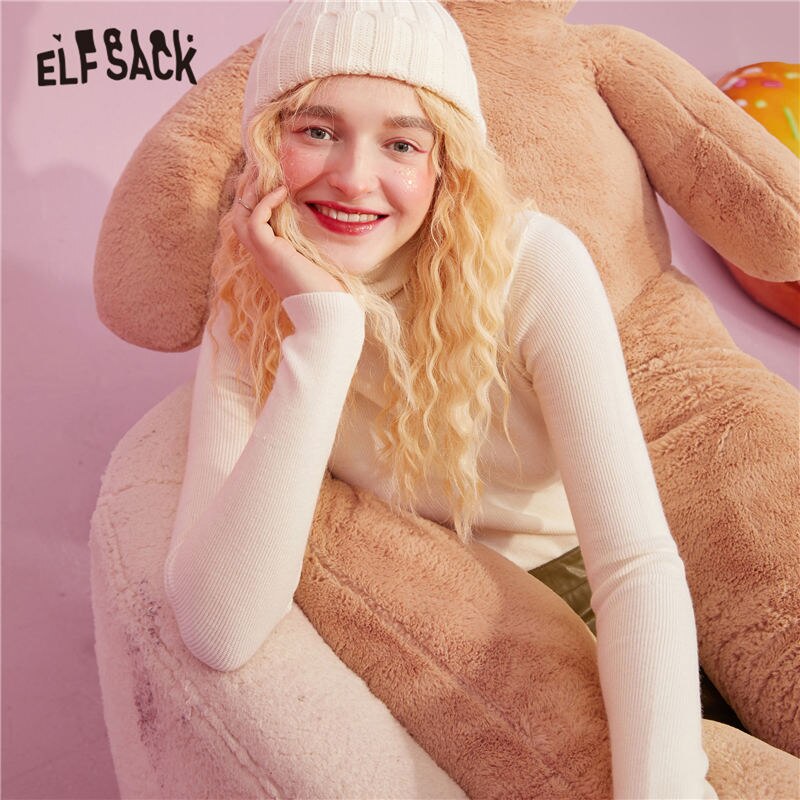 ELFSACK Solid Pure Casual Knitted Pullover Women Slim Sweaters Autumn ELF Full Sleeve,Korean Female Basic Daily Tops