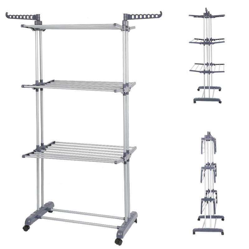4 Tiers Adjustable Clothes Rack Clothing Clothes Airer Horse Stainless Laundry Rack Hanging Drying Folding Storage Organizer HWC
