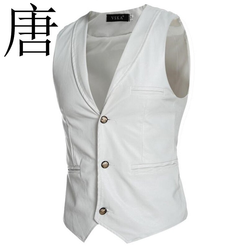 Tang kühlen Neue Faux Leder Jacke Westen Rot Weiß Schwarz Einreiher V Neck Herren Weste Slim Fit Ärmel mantel: WHITE / M