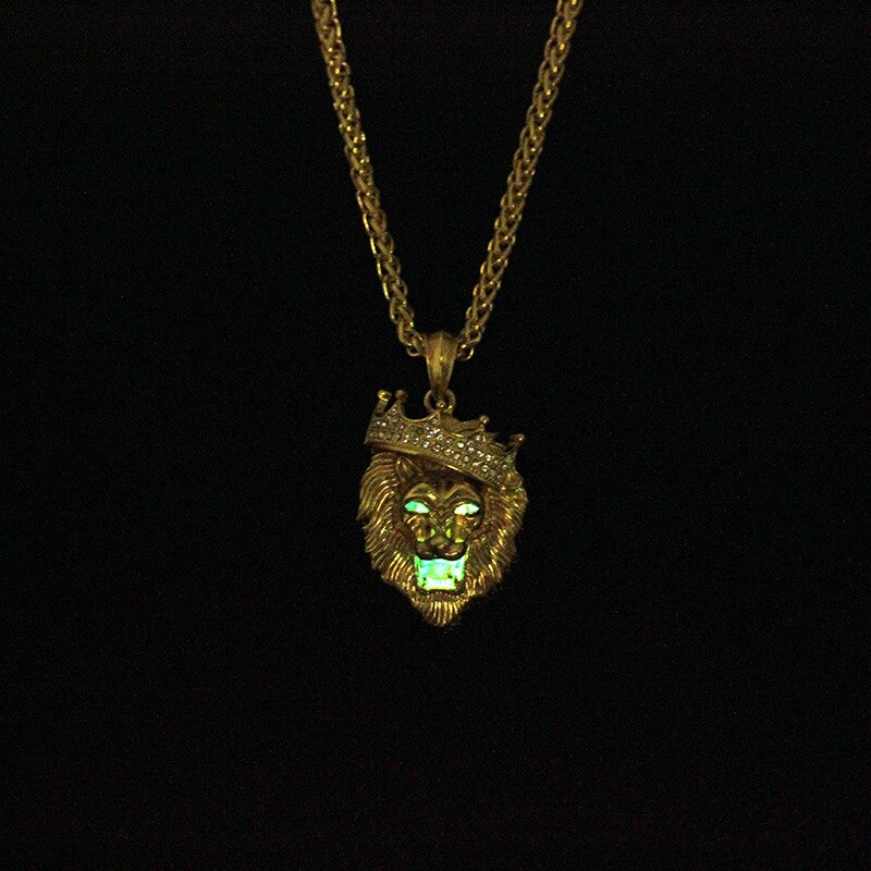 Hip hop krone løve krystal rhinestone vedhæng halskæde metal lysende dyr lange halskæder smykker til mænd Grandado