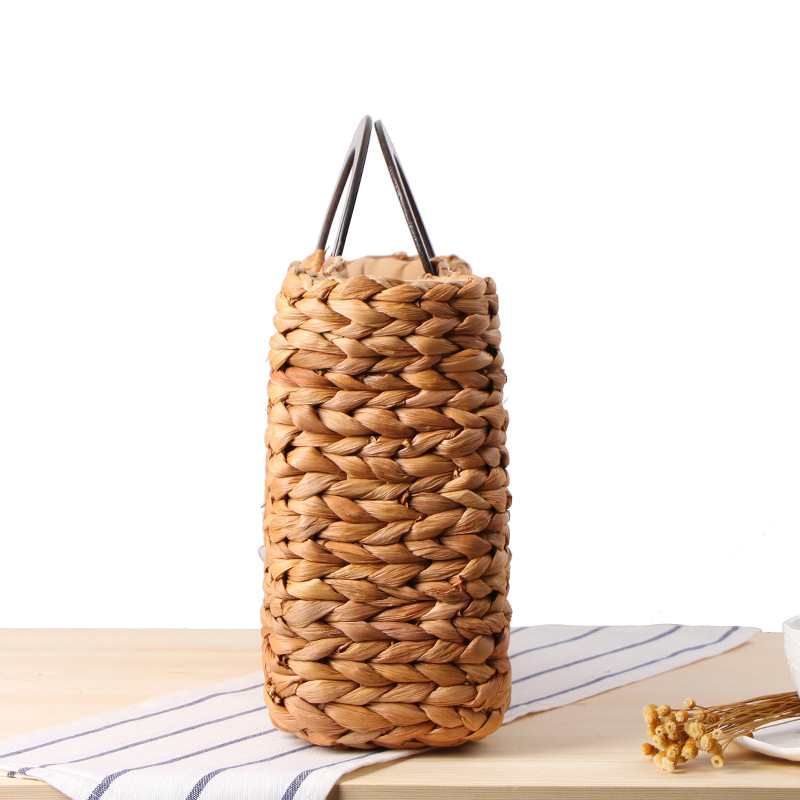 Bohème femmes sac à main à la main sac de paille naturel tissage été plage sacs rond manche en bois femme sac fourre-tout panier