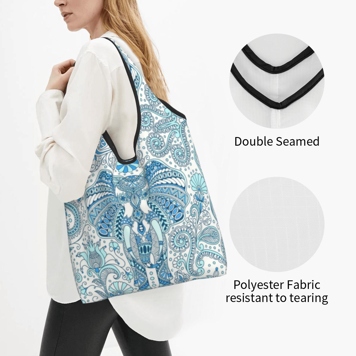 Op maat gemaakte, gerecyclede boodschappentas met olifantenmandala uit het paradijs, dames draagtas, draagbare boodschappentas met dierenmotief.