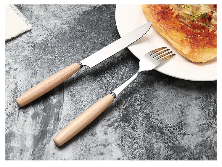 Fruta tenedor cuchara Acero inoxidable cuchillo de carne cena tenedor mango de madera cubertería occidental conjunto de vajilla: fork and knife