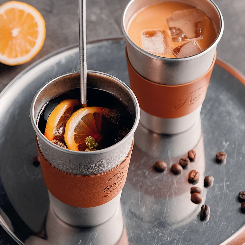 BINCOO Stainless Steel cup Beer Mug PU Holder 500ml Outdoor Camping Protable Coffee Mug customization Logo