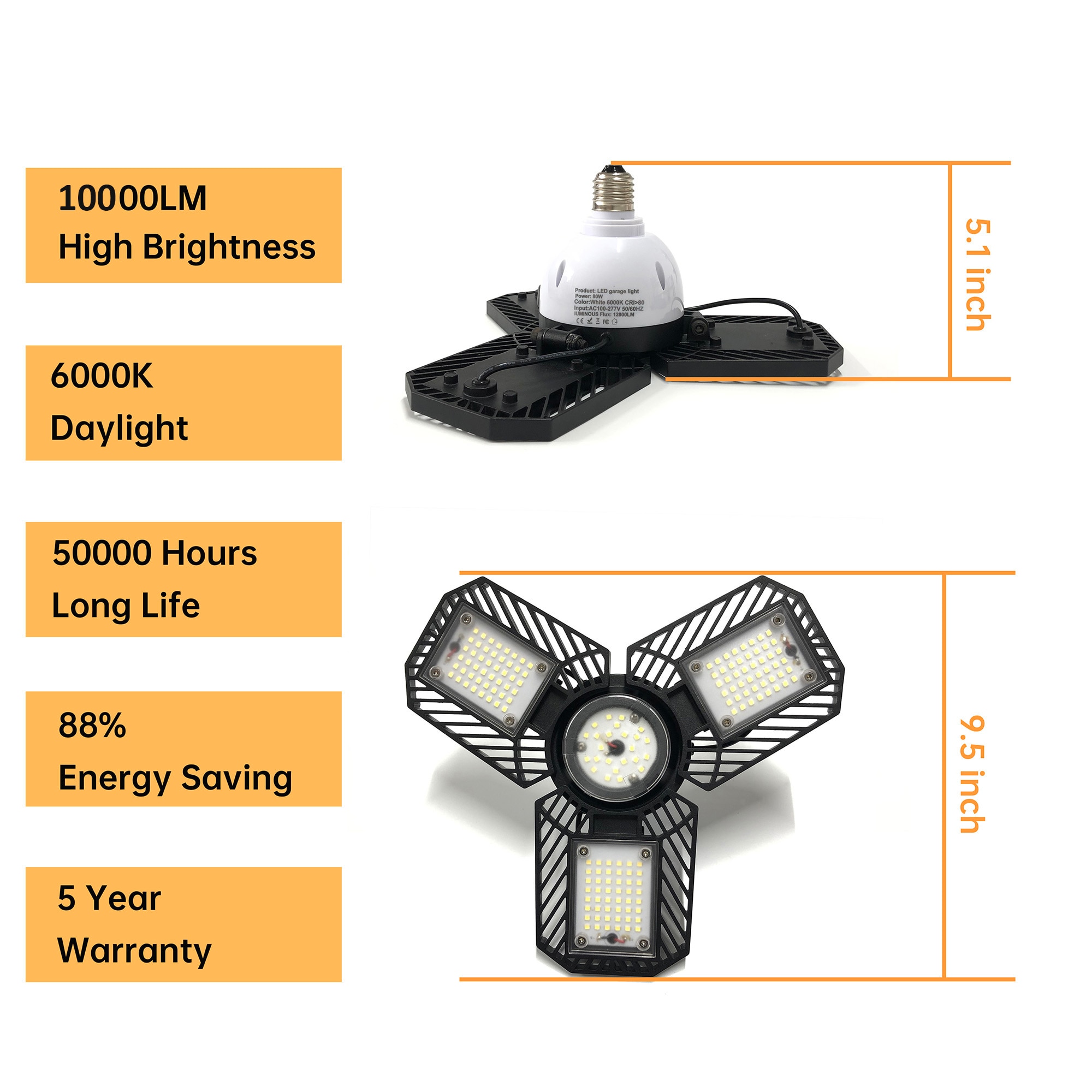 80W 9600lm 6000K E26/E27 Super Brightness Deformable LED Garage Ceiling Light with 3 Foldable Panels Flood Lights