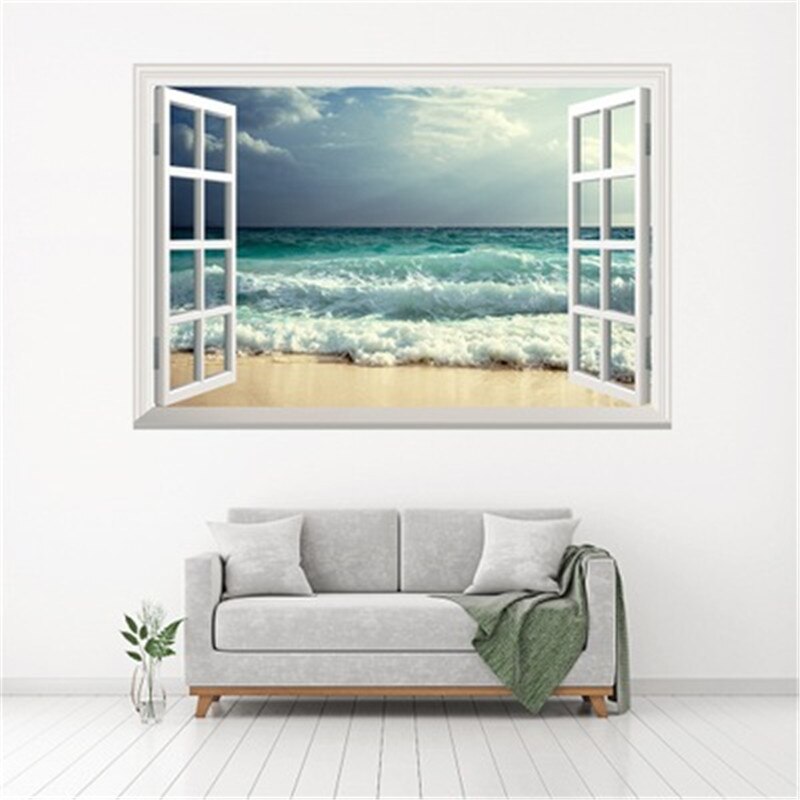 3D Beach Waves Window Wall Stickers For Living Room Bedroom Home Decor Scenery Wall Mural Art Landscape Vinly Decals Muursticker
