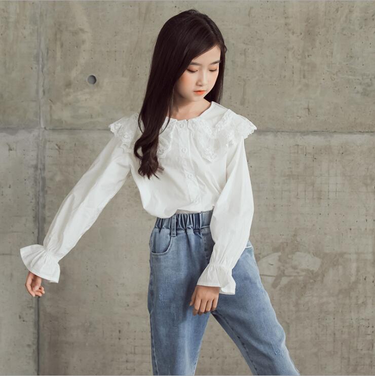 Camisa blanca de manga larga para niñas, blusa de algodón con cuello de encaje para chicas adolescentes, ropa para niños de 6, 8, 10, 12 y 14 años