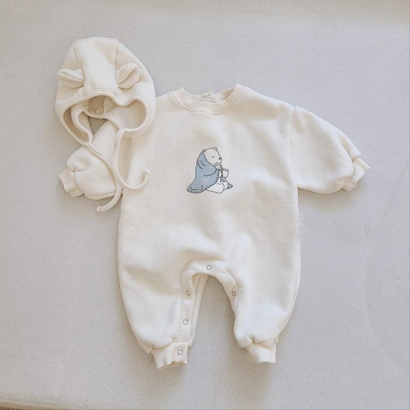 herbst Neue Baby-Karosserie Niedlichen Bären Druck Gesamt Für Kleinkind Mädchen Kleidung Kleinkind Langarm Onesie + Hütte: Beige / 24M  90cm