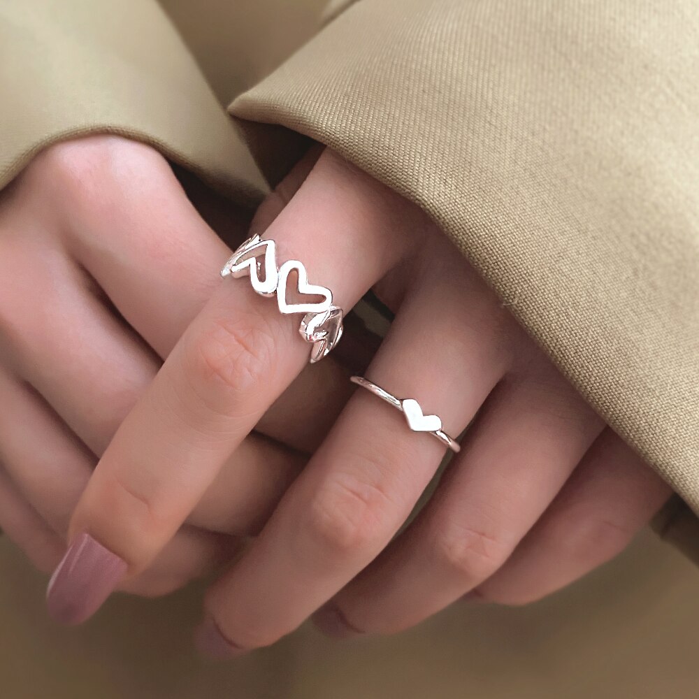 Fnio Zilver Kleur Uitgeholde Hart Vorm Open Ring Schattige Mode Liefde Sieraden Voor Vrouwen Meisje Kind verstelbare: FN26611898