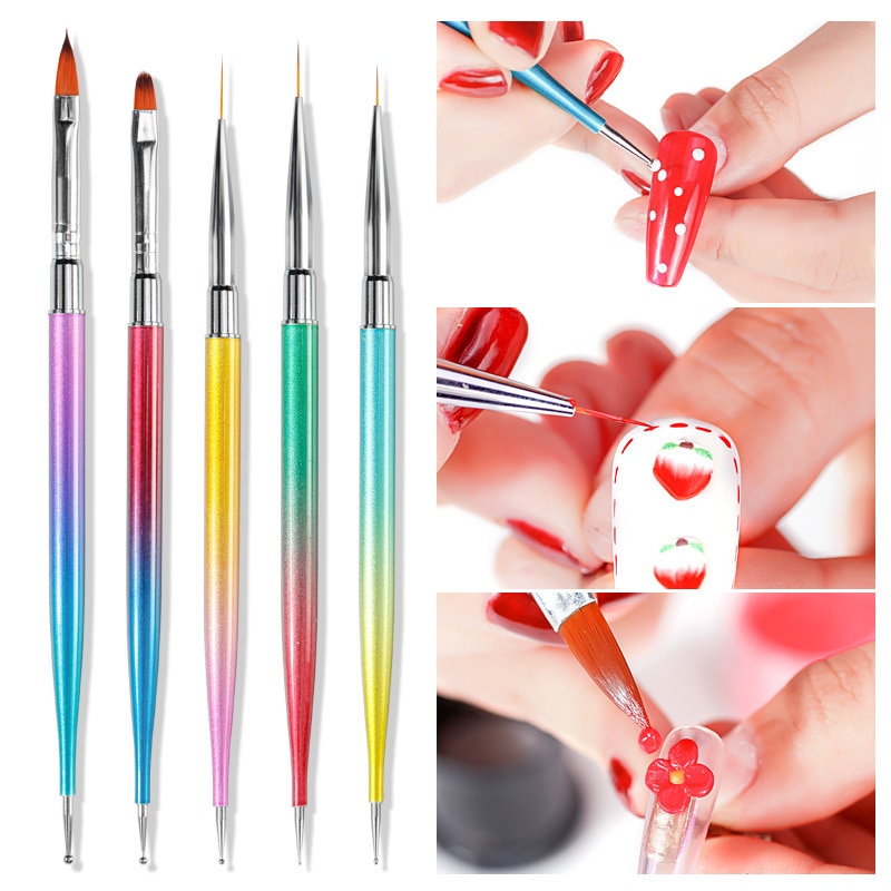 5 Stks/set Nail Art Pen Dubbele Punt Boor Puntjes Schilderij Tekening Pen Uv Gel Liner Polish Brush Set Professionele Manicure gereedschap