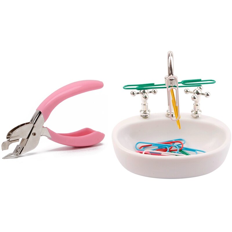 Paper Clip Holder - Kitchen Sink & Handheld Staple Remover Lifter Opener Spring-Loaded Staple Puller (Pink)