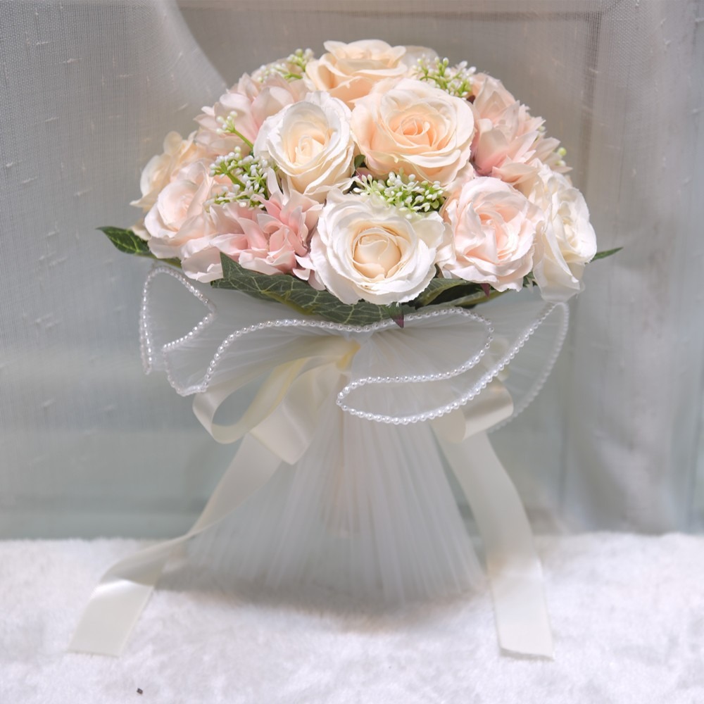 Baby's Atem Romantische Hochzeitssträuße Künstliche Seidenblumen Schleifenband Brautstrauß Exquisiter Perlen-Spitzen-Weißrosenstrauß: Rosa