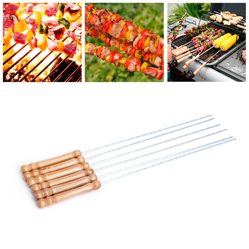 12PCS Stainless Steel BBQ Roast Barbecue Skewer Grill Kebab Needle Stick Wood Handle Kitchen Outdoor Cooking Camping BBQ Tool