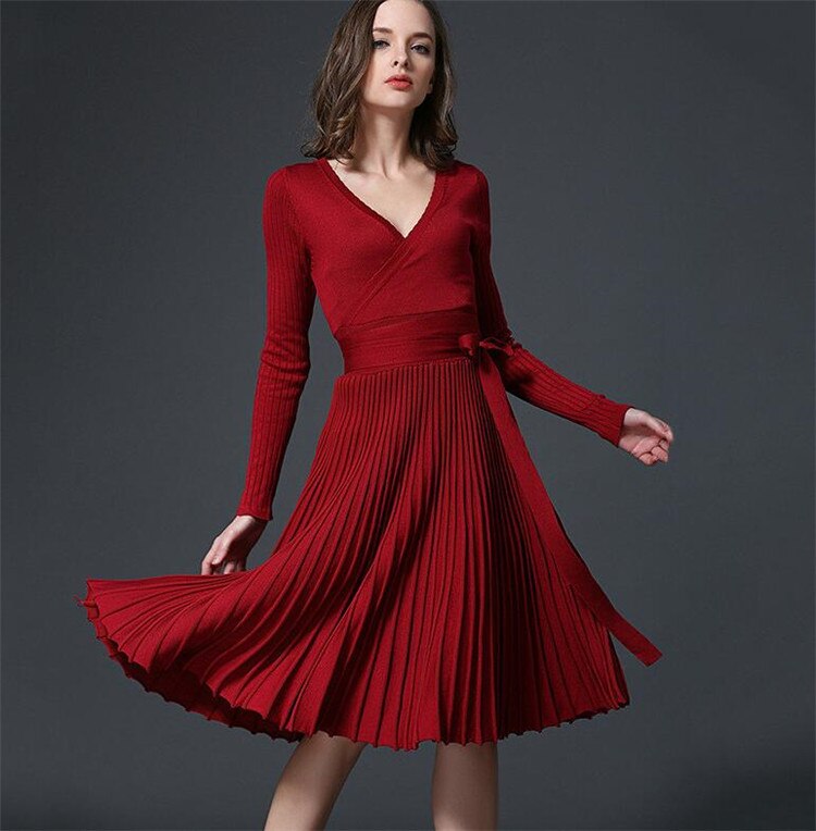 Women v neck pleated wrap a-line knitted dress bow tie sashes long sleeve female Autumn Spring mid calf vestidos B: Burgundy