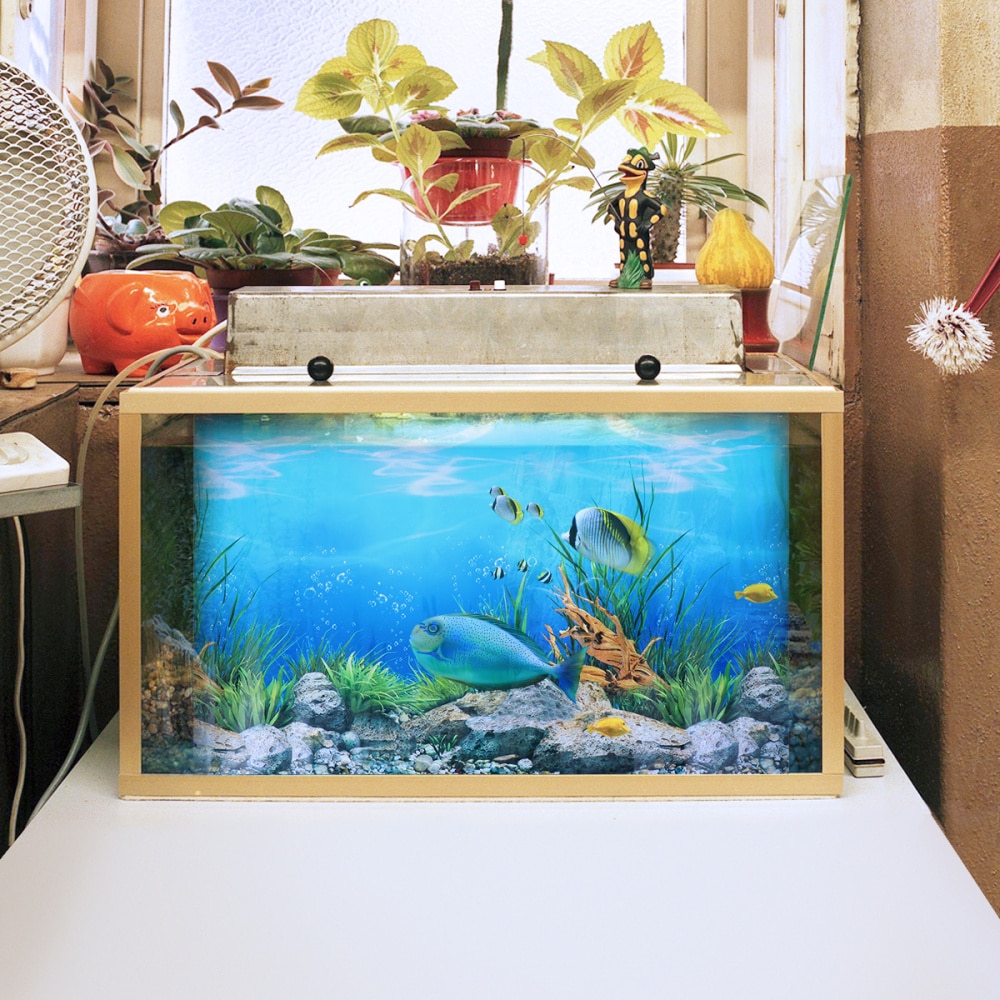POPETPOP Aquarium Fish Tank Background Sticker 3D Double-sided Wallpaper Fish Tank Decorative Pictures Underwater Backdrop Decor