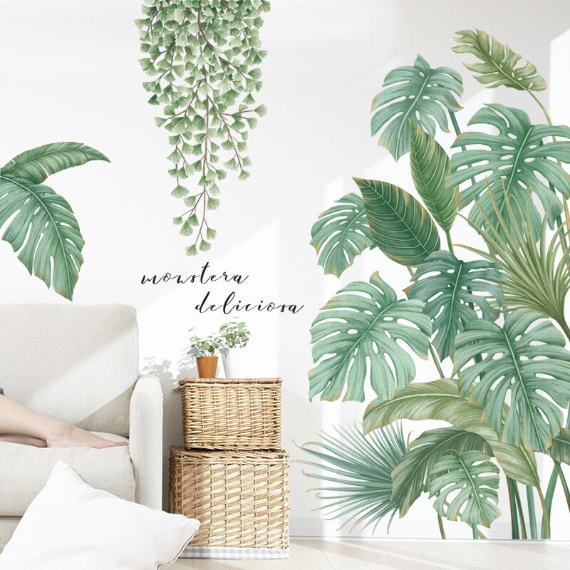 Estilo nórdico, hojas de plantas tropicales, pegatinas de pared para sala de estar, dormitorio, vinilo ecológico, Póster Artístico con calcomanías para decoración del hogar