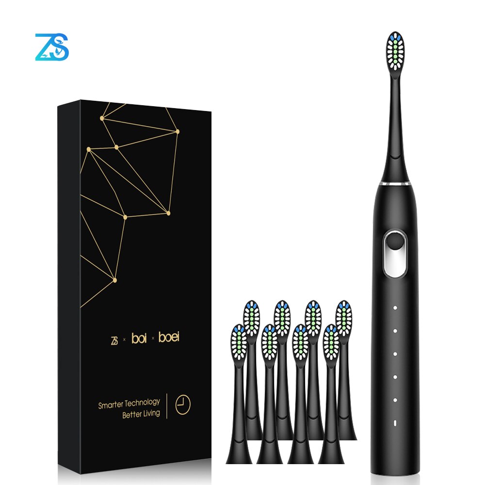 [ZS] – brosse à dents électrique sonique silencieuse, Base sans fil IPX7, étanche, 5 Modes, ondes acoustiques, poils doux, avec 8 têtes de rechange