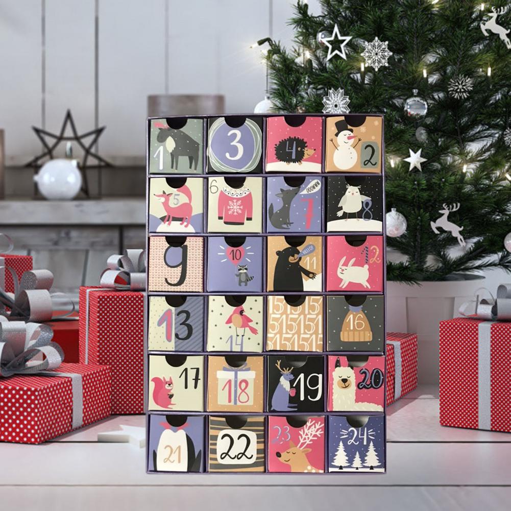Kerst adventskalenders aftelkalender schattige decoratieve schatkist met 24 lades met kersticonen en cijfers