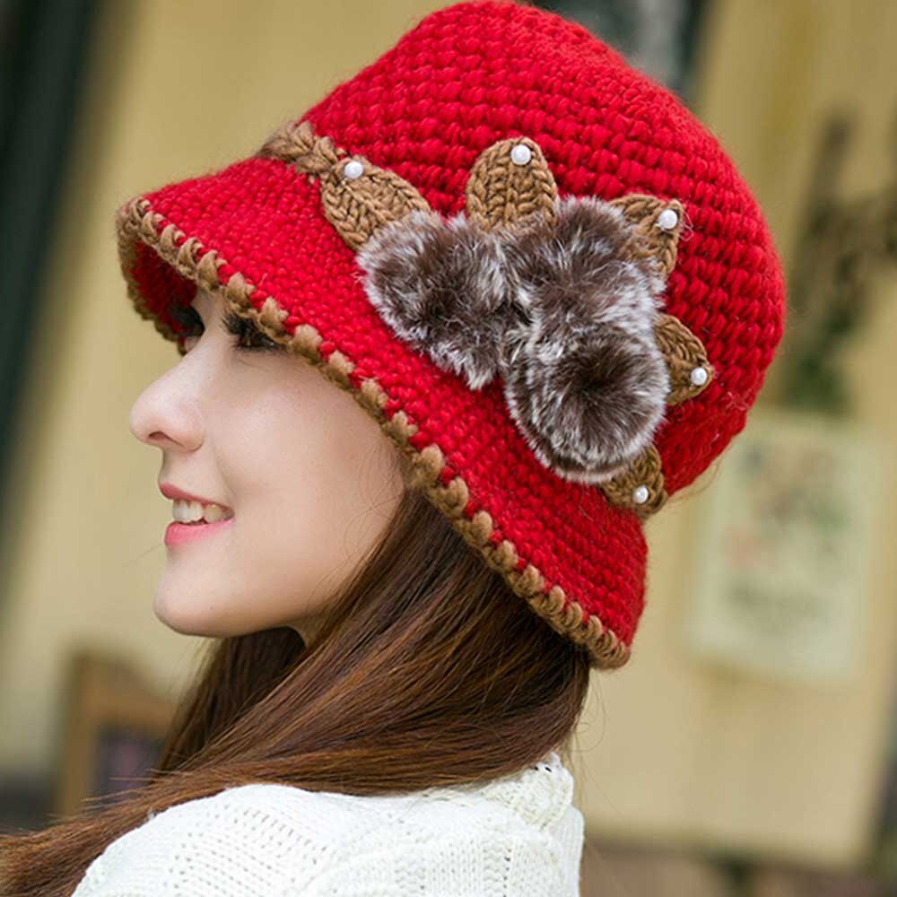 Women Lady Winter Warm Crochet Knitted Flowers Decorated Ears Hat Winter Knitted Thick Warm Cap Retro Hat#40