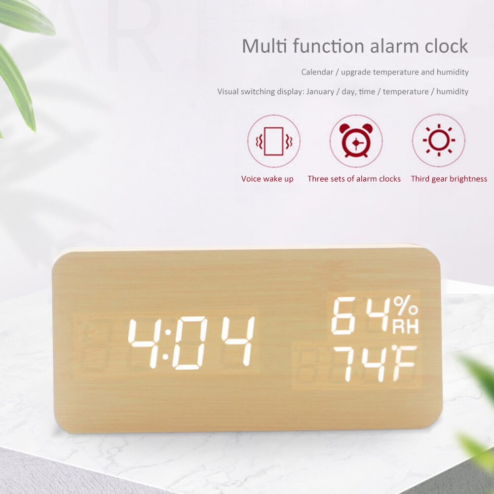 Digital Alarm Clock Wooden Watch Table Voice Control Electronic Desktop Clocks Thermometer Adjustable Brightness