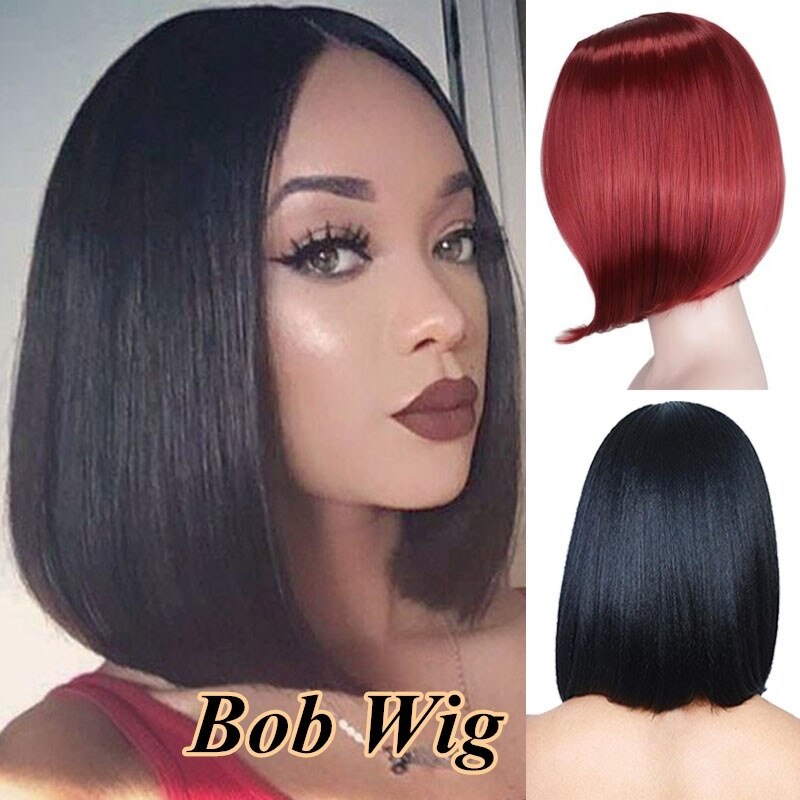 QQXCAIW Korte Rechte Bob Synthetisch haar Pruik Voor Vrouwen Middelste Deel Zwart Bruin Rood Blonde 12 inch Pruiken