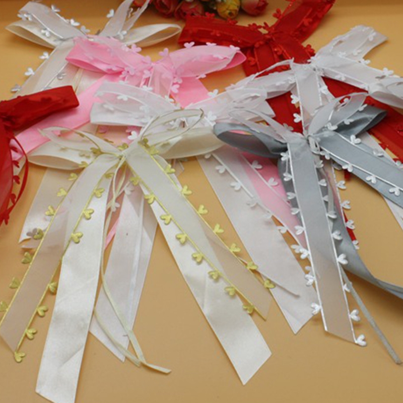 Nœuds d&#39;antenne blancs avec pompon, décoration de voiture, nœuds de mariage en Satin M6CD faits à la main