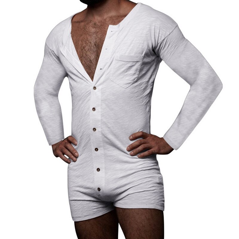 Men Pajamas Rompers Long Sleeve Comfortable Homewear Leisure Mens Jumpsuit Sleepwear Solid Color Button Nightwear: White / XL