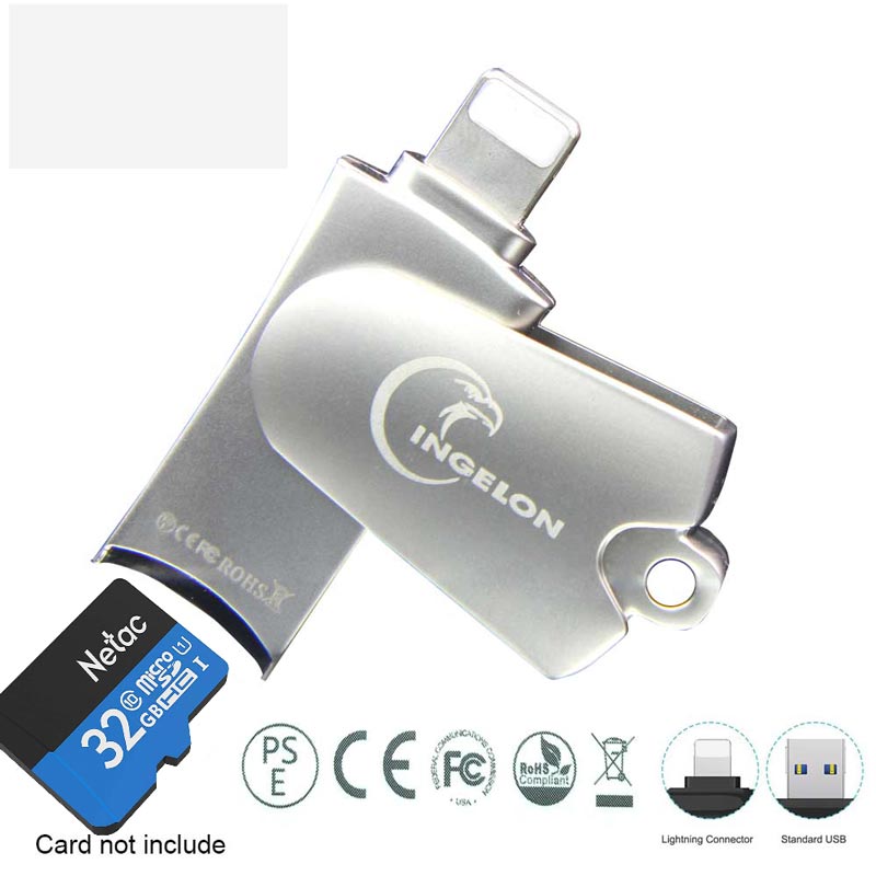 Ingelon – lecteur de carte mémoire Micro SD en métal, 2 en 1, pivotant, pour iPhone X/8/7/7 Plus/6/6s/5/SE/ipad