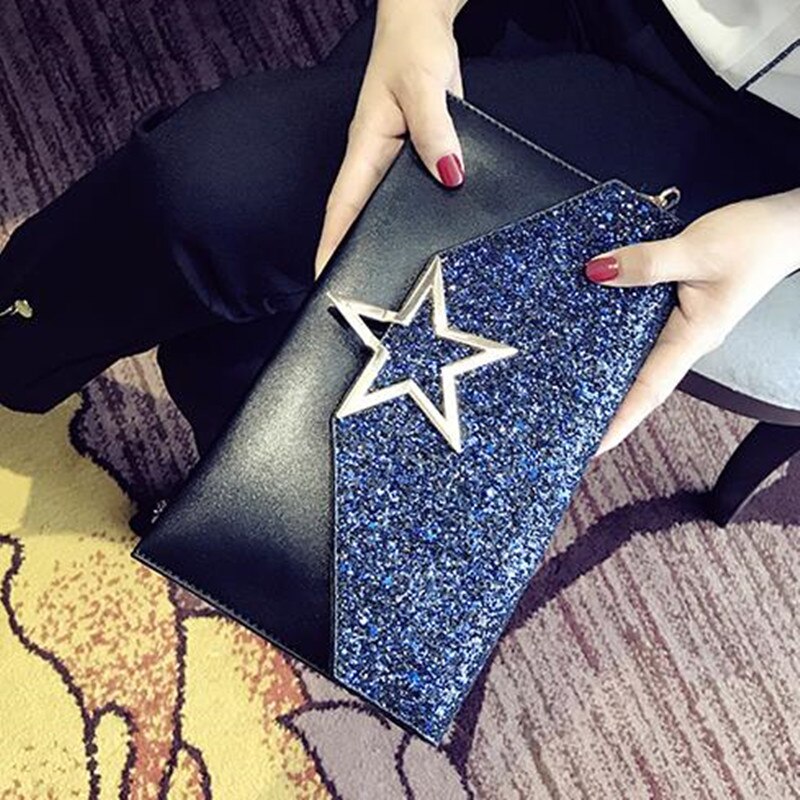 mixtx Women Envelope Clutch Bag Sequin Star Banquet Bag Patchwork Crossbody Wristband Bag Female Messenger Handbags