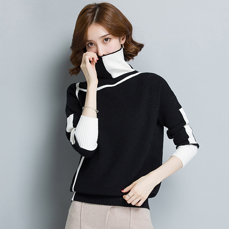 Vrouwen Geel Coltrui Winter Patchwork Trui Lange Mouw Gebreide Warme Dikke Truien En Pullovers Vrouwelijke Jumper Tricot Tops