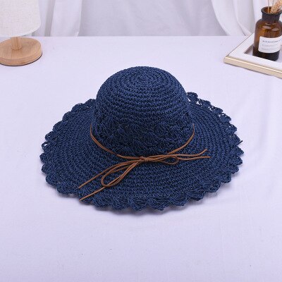 Ymsaid, sombrero redondo de verano para mujer, sombreros de paja de ala ancha tejidos a mano, gorras de Sol de para mujer, sombrero plegable de playa bohemio: navy