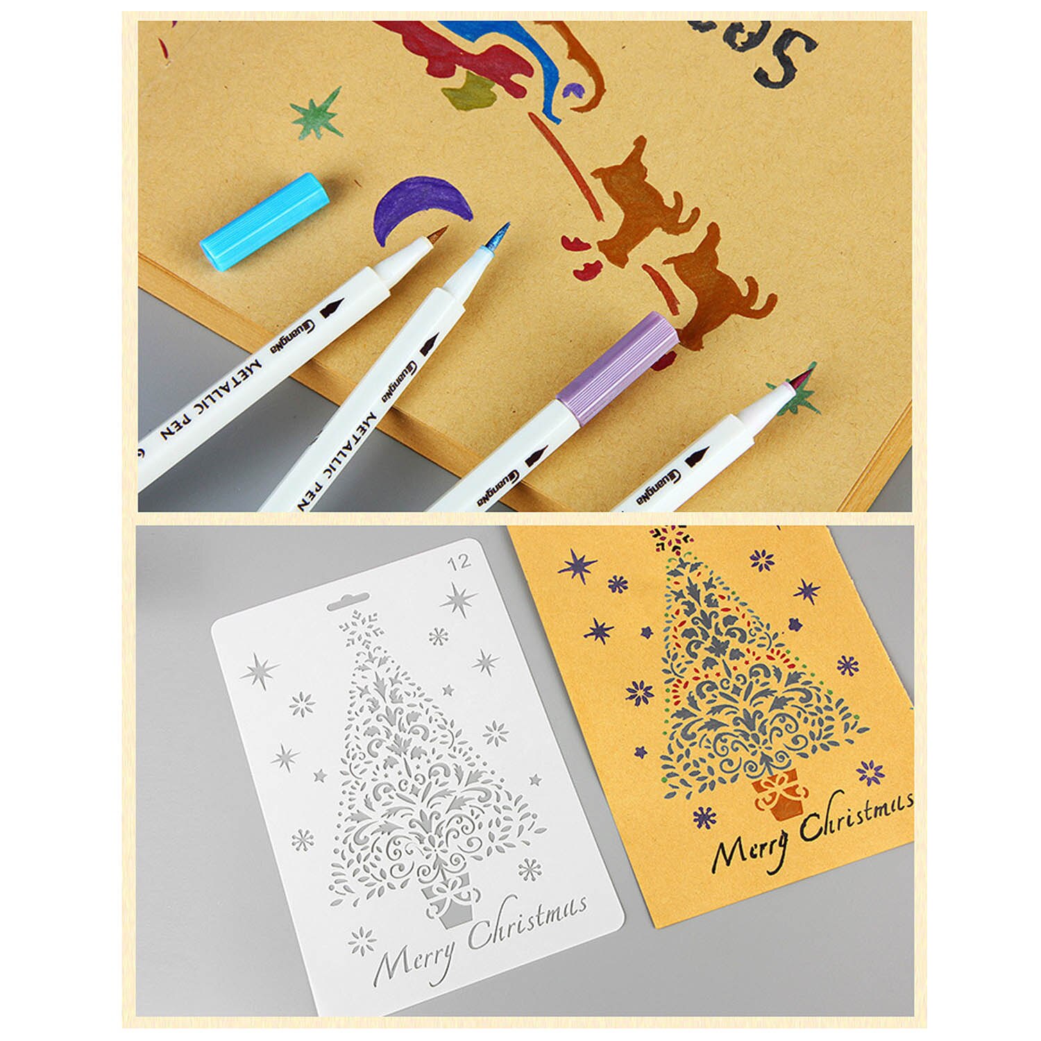 12Pcs Merry Christmas Painting Drawing Stencils Templates DIY Arts Set Toy Pigment School Project Craft Album Card Supplies