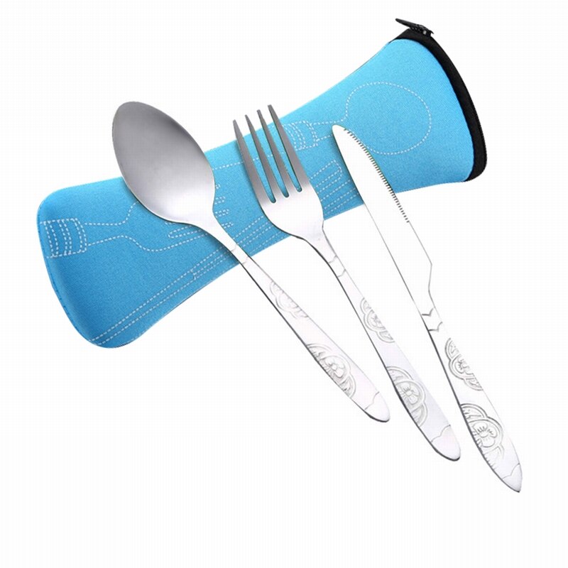 3 stks/set Draagbare Roestvrij Stalen Bestek Set Bloem Schilderij Vork Diner Servies Set Servies Case Kit Voor Camping: light blue