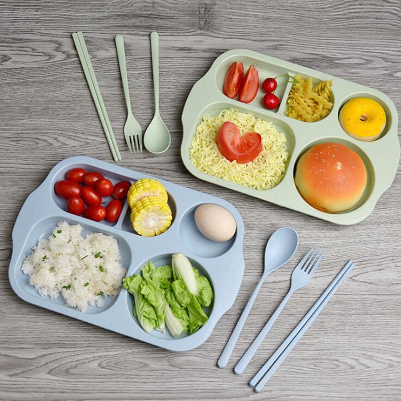 4Pcs/Set Eco-Friendly Children's Dishes Plates Tableware Set Healthy Wheat Straw Baby Kids Toddlers Food Feeding Dinnerware