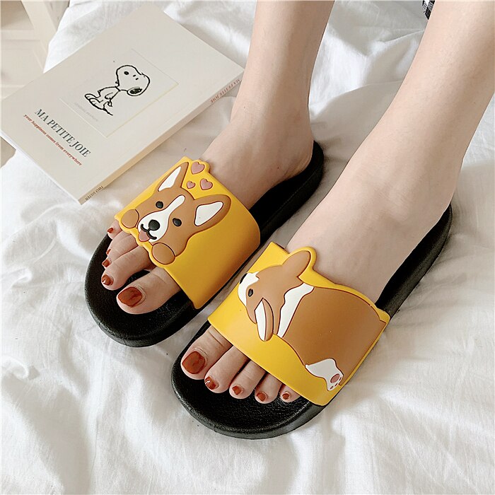 Casual Women Summer Slippers Slide Sandals Beach Slides Flip Flops Cartoon Dog Corgi Non-slip Thick Sole Women Girls Flat Shoes