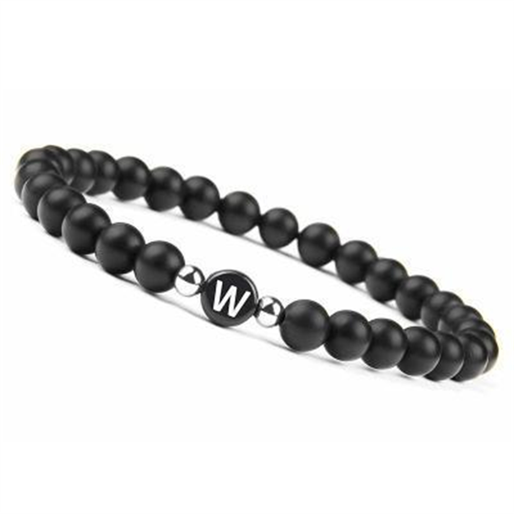 Pulsera de 26 letras de piedra blanca y negra hecha a mano DIY para mujeres, hombres, joyería para parejas, pulsera elástica de cuentas de la suerte de la amistad, para niños