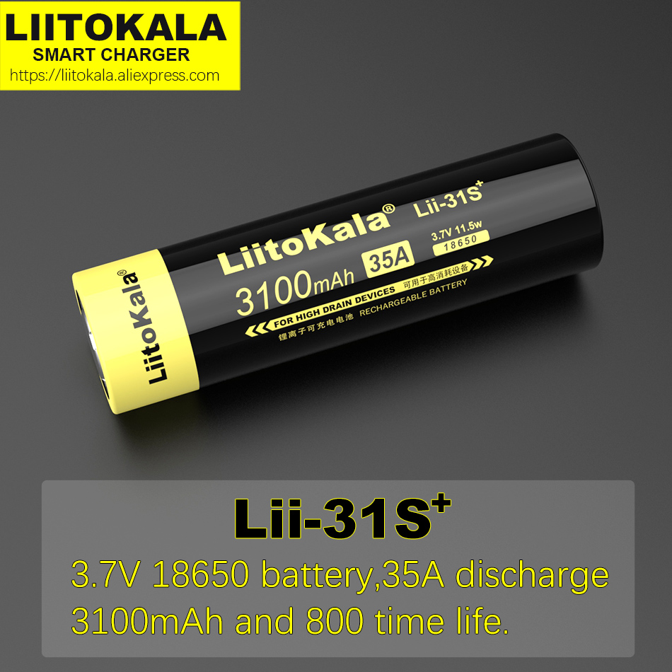 LiitoKala Lii-31S 18650 Bateria 3.7V Li-ion 3100mA 35A Bateria de alimentação para dispositivos de alto drenagem.
