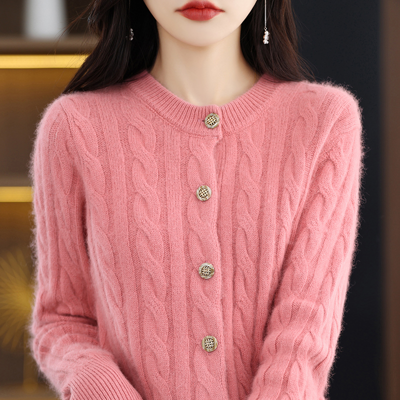 Cárdigan de Cachemira de visón para mujer, suéter con cuello redondo, abrigo de punto grueso, chaqueta holgada informal, camisas Base, Otoño, 100%: XXL / Rosa