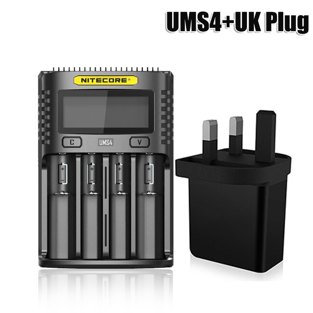 NITECORE UMS4 Batterie ladegerät QC Schnelle Ladung 4A mit 4 Slots Ausgang LCD Display Für 18650 14500 16340 26650 21700 AA AAA Batterie: UMS4 and UK Plug