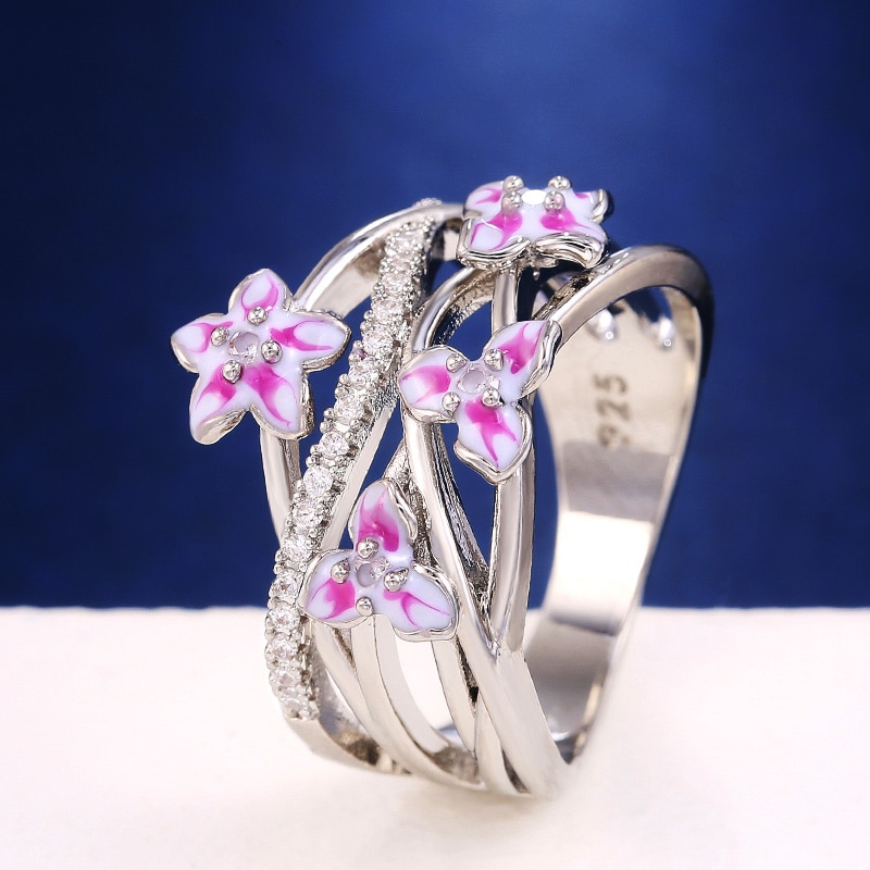 Huitan Bunte Blume Kreuz Frauen Finger Ring Romantische Vorschlag Ring Tanzen Party Schönheit Ringe Modeschmuck Nachrichten: 7