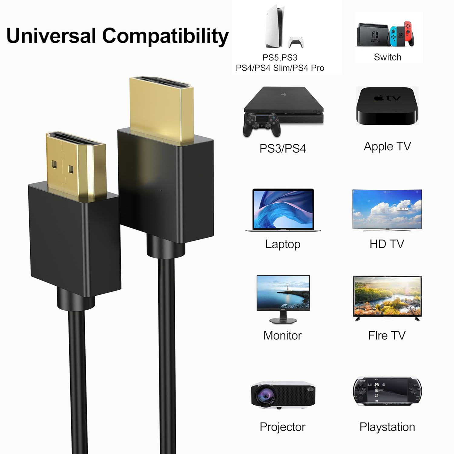 Cavo compatibile HDMI sottile 4K Cavo ad alta velocità Cavo sottile a maschio Placcato in oro 4K 2K HDR ARC 3D HDCP 2.2 per monitor TV X-Box PS