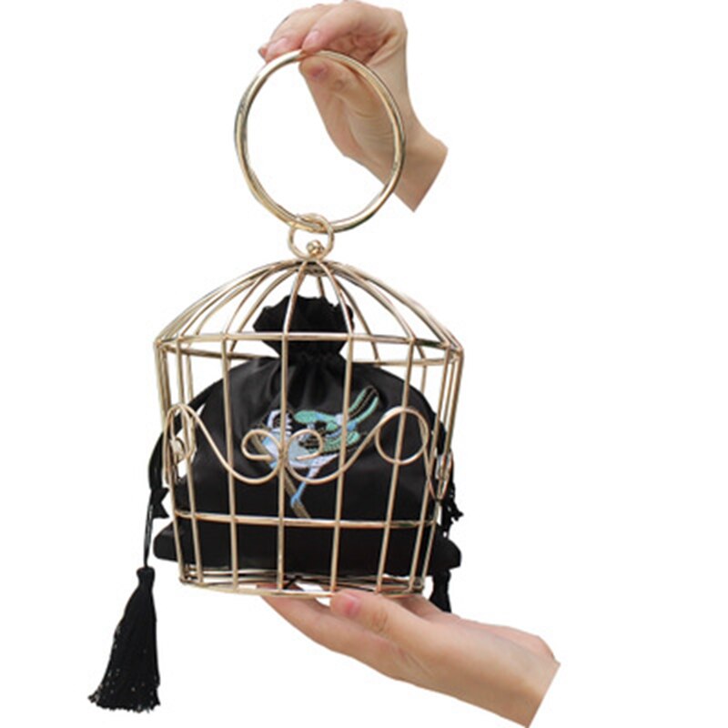 Bolsa de personalidade da moda, gancho bordado, flor, de metal, para gaiola de pássaro, mini bolsa de transporte, bolsa de noite para gaiola de pássaro
