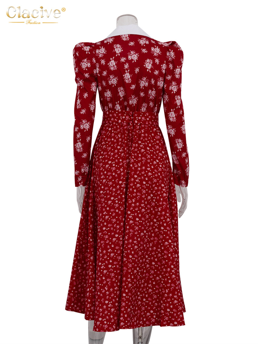 Clacive løs print damekjole vintage revers langærmet ankellange kjoler højtaljet plisseret damekjole